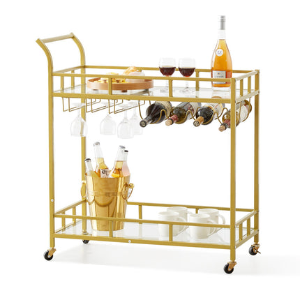 Bar Cart, 2-Tier Gold, Glass Shelves, Locking Wheels, Wine Rack