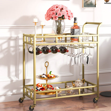 Bar Cart, 2-Tier Gold, Glass Shelves, Locking Wheels, Wine Rack
