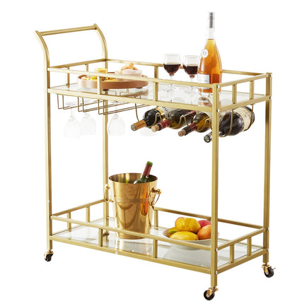Bar Cart, 2-Tier Gold, Glass Shelves, Locking Wheels, Wine Rack