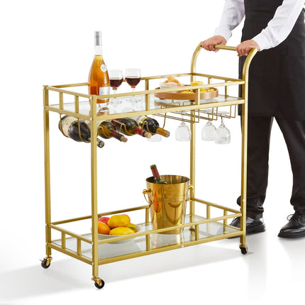 Bar Cart, 2-Tier Gold, Glass Shelves, Locking Wheels, Wine Rack