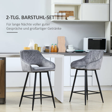 Velvet bar stools Set of 2, steel grey, with footrest