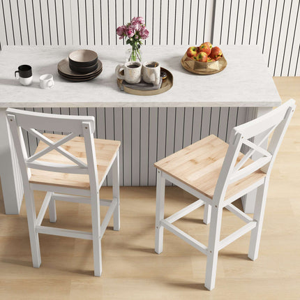 Bar Stools Set Of 2, Pine Wood, Backrest, Footrest