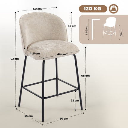 Bar Stools Set of 2, Backrest & Footrest, Beige