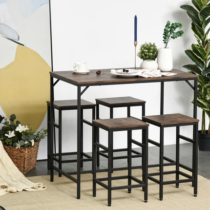 5-piece rustic brown bar table set with 4 stools