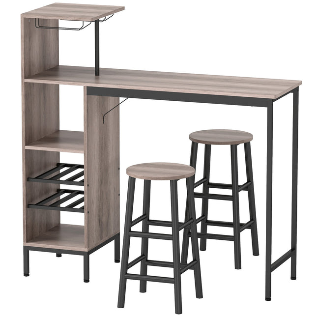 Barový set, úložný prostor, stojany na víno, stoličky, šedý