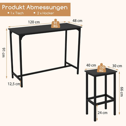 Barový set se 2 stoličkami, industriální styl, černý
