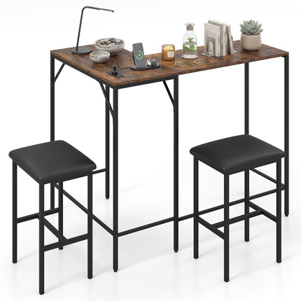 Bar Table Set with 2 Stools, Rustic Brown, Power Outlet