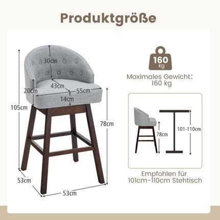 Barové stoličky sada 2 ks, barová židle, otočná o 360°, kuchyňská stolička s opěradlem a opěrkou nohou, 55 x 53 x 105 cm, šedá + hnědá