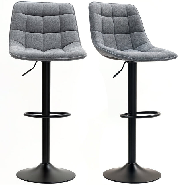 Barkruk set van 2, gevoerde barstoel met rugleuning, stalen frame, chenille look, in hoogte verstelbare keukenstoelen met voetsteun, 360° draaibaar, barkruk voor keuken, woonkamer, donkergrijs