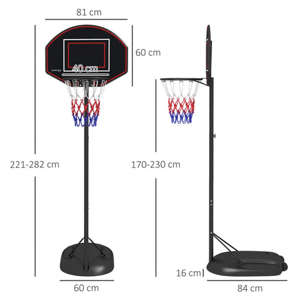 Nastavitelný stojan pro basketbalový koš, 221-282 cm, nerozbitná deska