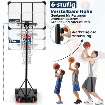 Basketbalový koš venkovní, basketbalový stojan 176-206 cm výškově nastavitelný mobilní s deskou, černý