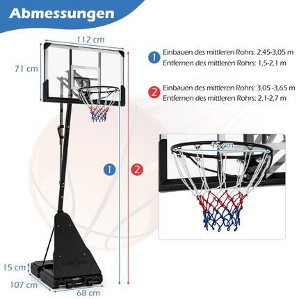 Basketbalový stojan 150-305 cm výškově nastavitelný, venkovní basketbalový koš se stojanem