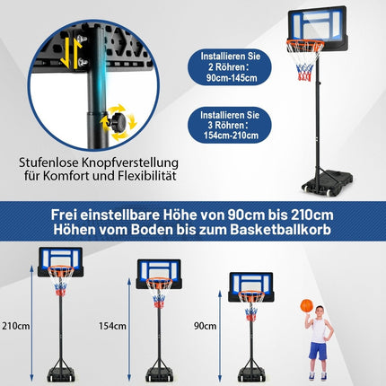 Basketbalový stojan 90/158-210 cm výškově nastavitelný, koš se stojanem, odolný, vnitřní i venkovní, modrý
