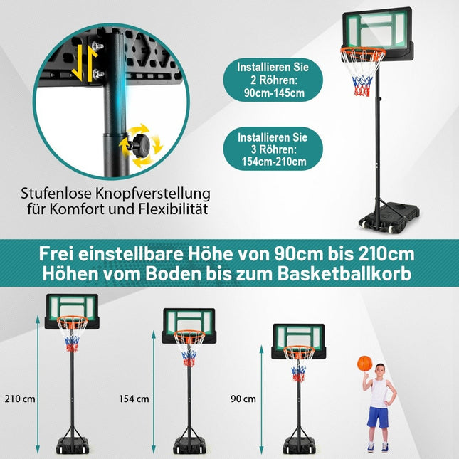 Basketbalový stojan 90/158-210 cm výškově nastavitelný, koš se stojanem, odolný, vnitřní i venkovní, zelený