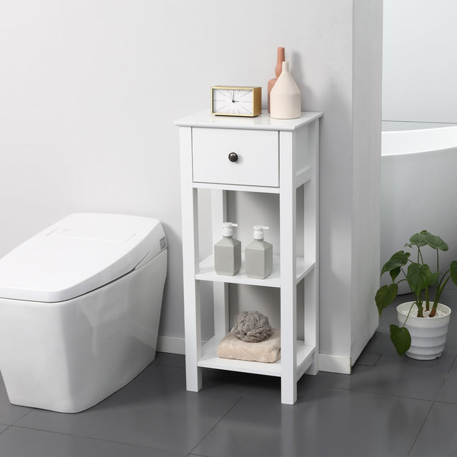 White bathroom cabinet, drawer and shelves, anti-tip, 40x31.5x90 cm
