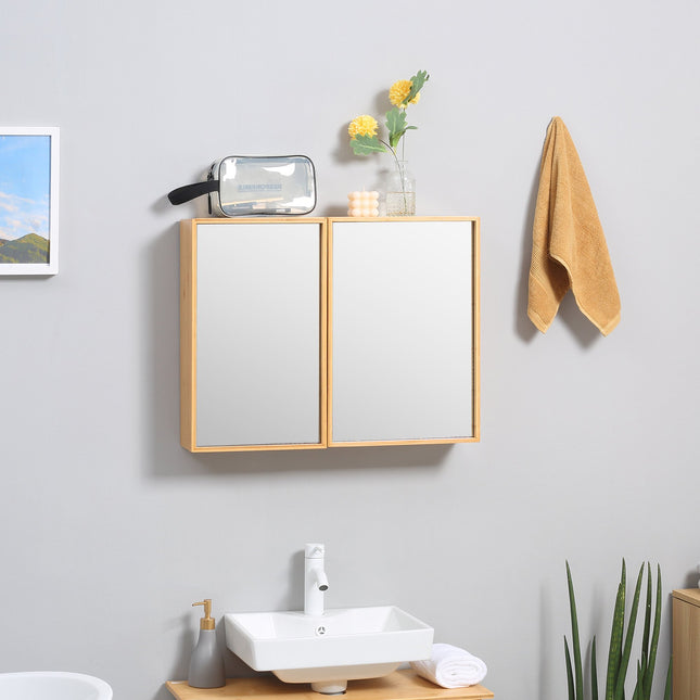 Koupelnová skříňka se zrcadlovými dvířky, bambus, více polic, 65.2 x 14 x 50 cm