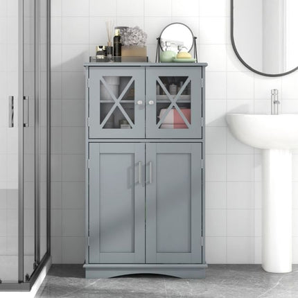 Bathroom Floor Cabinet, 4-Door Glass, Adjustable Shelves
