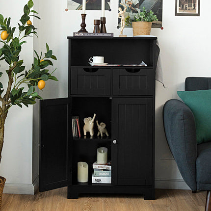 Bathroom Floor Cabinet, Open Shelf, 2 Drawers, Black