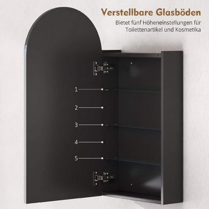 Bathroom Mirror Cabinet, Frameless Arch, Adjustable Shelves, Black