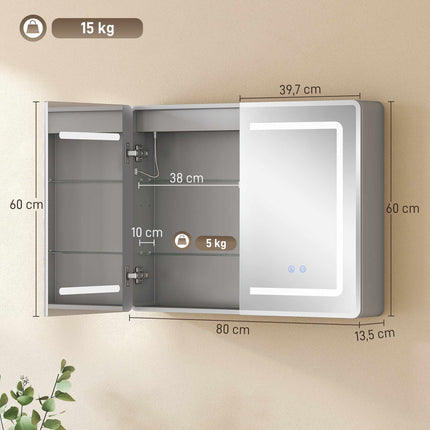 Koupelnová zrcadlová skříňka s LED, proti zamlžení, 80 x 60 cm