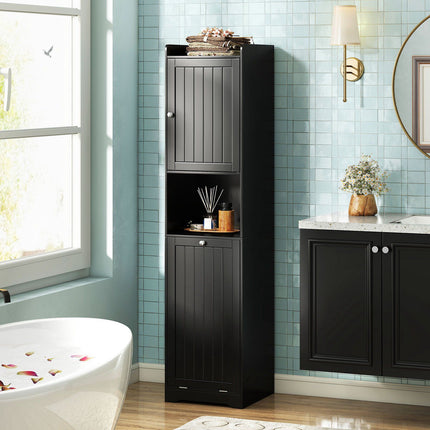 Bathroom Tall Cabinet With Laundry Hamper, Adjustable Shelf, Black