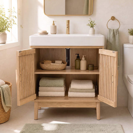 Bathroom Vanity Unit with Slatted Doors, 60x30x70 cm