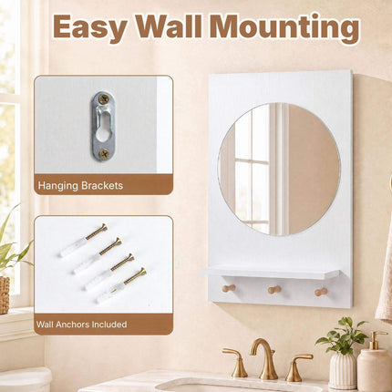 Bathroom Wall Mirror with Storage Shelf and 3 Hooks, White, 34 cm Round
