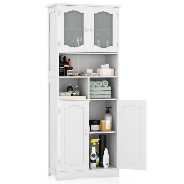 Badkamerkast, vrijstaande hoge kast met 4 deuren en planken, wit, 60 x 30 x 148,5 cm