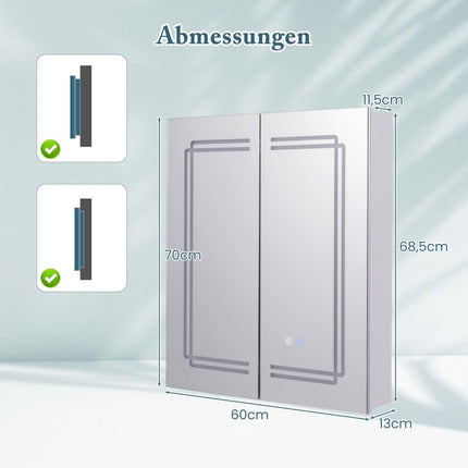 Bathroom mirror cabinet with lighting & 2 sockets & double doors anti-fog wall cabinet