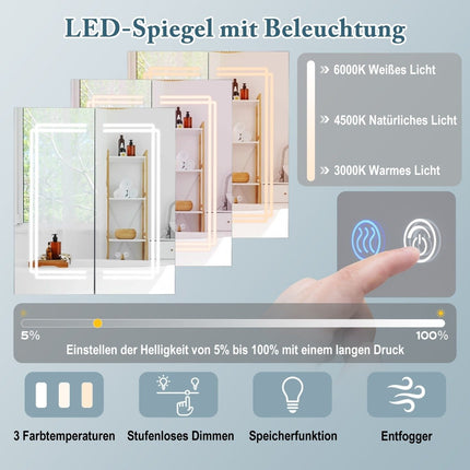 Bathroom mirror cabinet with lighting & 2 sockets & double doors anti-fog wall cabinet