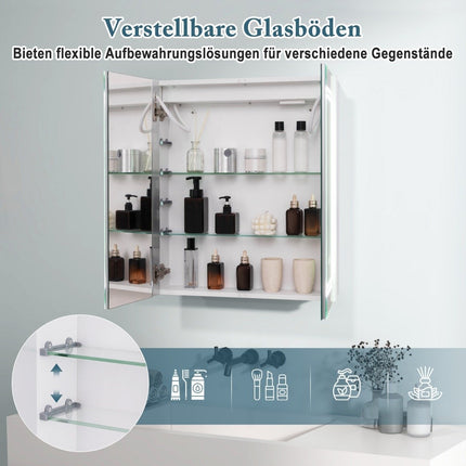 Bathroom mirror cabinet with lighting & 2 sockets & double doors anti-fog wall cabinet