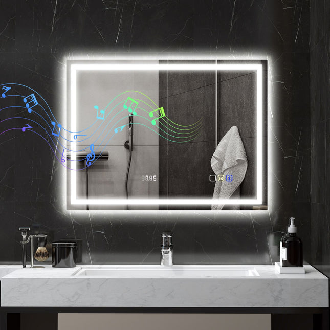 Badkamerspiegel met LED-verlichting, anti-condens pad, 3 instelbare kleuren, klok, 600 x 800 mm, zilver