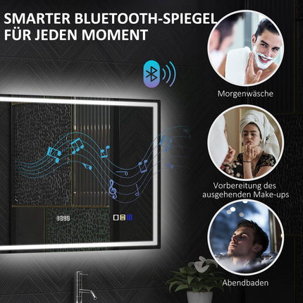 Koupelnové zrcadlo s LED osvětlením, vyhříváním proti zamlžení, 3 barvami světla a hodinami, 600 x 800 mm, stříbrná