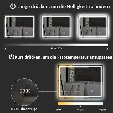 Koupelnové zrcadlo s LED osvětlením, vyhříváním proti zamlžení, 3 barvami světla a hodinami, 600 x 800 mm, stříbrná