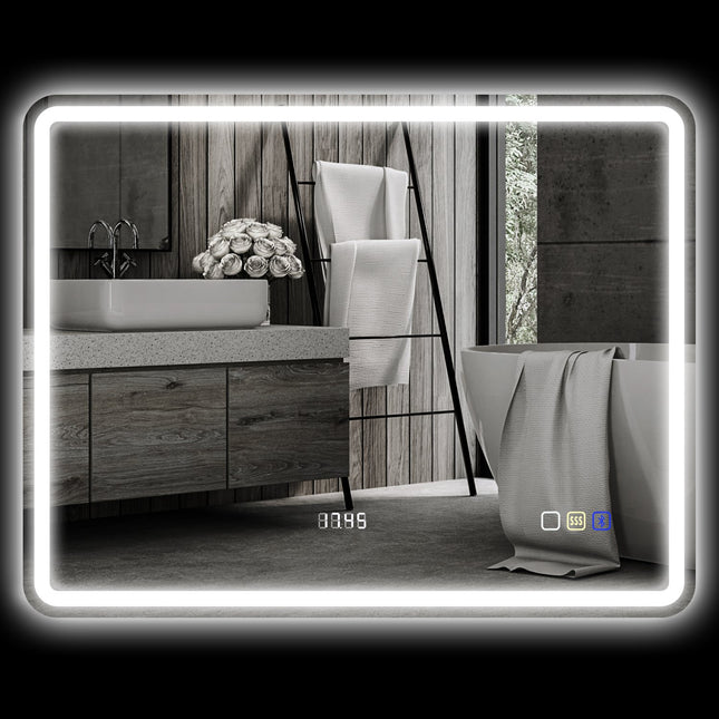 Badkamerspiegel met LED-verlichting, anti-condens pad, 3 instelbare kleuren, klok, 700 x 900 mm, zilver