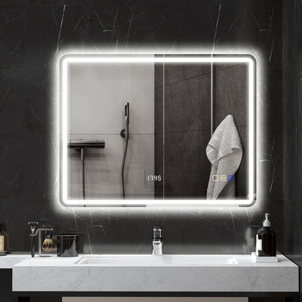 Koupelnové zrcadlo s LED osvětlením, vyhříváním proti zamlžení, 3 barvami světla a hodinami, 700 x 900 mm, stříbrná
