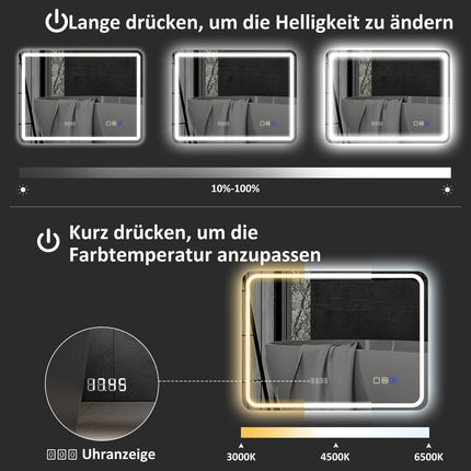 Koupelnové zrcadlo s LED osvětlením, vyhříváním proti zamlžení, 3 barvami světla a hodinami, 700 x 900 mm, stříbrná