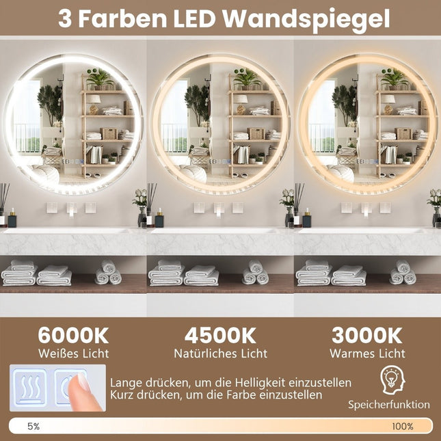 Badkamerspiegel met anti-condens klok touch schakelaar & geheugenfunctie spiegelverwarming LED spiegel dimbaar 3000K-6000K 60 x 60 cm