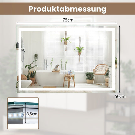Koupelnové LED zrcadlo s hodinami, dotykovým spínačem, pamětí a vyhříváním proti zamlžení, stmívatelné 3000K-6000K, 75 x 50 cm