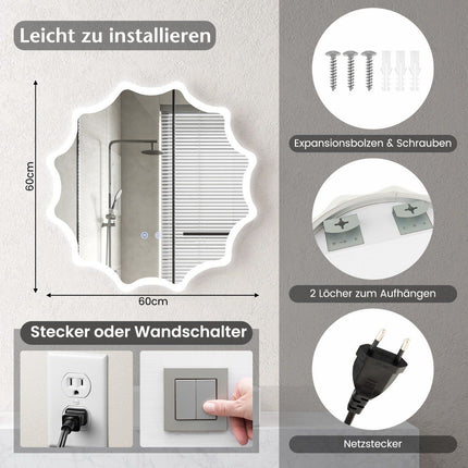 Koupelnové LED nástěnné zrcadlo s vyhříváním proti zamlžení, vlnitý design, 60 x 60 cm