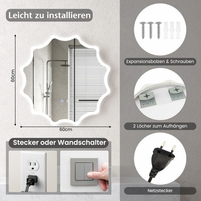 Badkamerspiegel met anti-condens spiegel, verwarmingsgolf design LED-spiegel, wandspiegel 60 x 60 cm