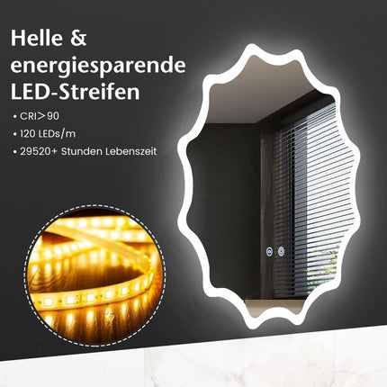 Koupelnové LED nástěnné zrcadlo s vyhříváním proti zamlžení, vlnitý design, 60 x 60 cm