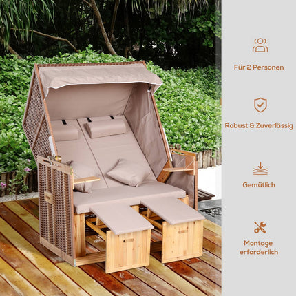 Beige PE rattan beach chair set with stool & table, 118x79x160 cm
