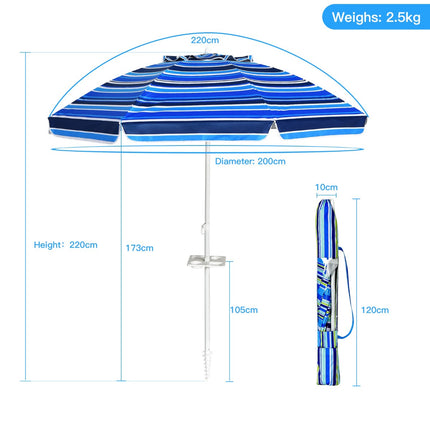Plážový slunečník 220 cm, naklápěcí stříška, držák na nápoje, taška na přenášení