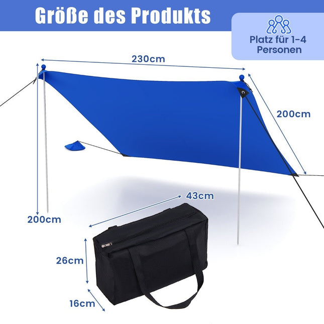 Plážový stan 230 x 200 cm UPF 50+ proti slunci, s kotvami do písku, pytli s pískem a 2 tyčemi, modrá