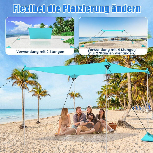 Plážový stan 230 x 200 cm UPF 50+ proti slunci, s kotvami do písku, pytli s pískem a 2 tyčemi, tyrkysová
