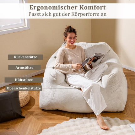 Bean Bag Chair with Velvet Cover, Non-Slip Base, 124x110x68 cm, Beige