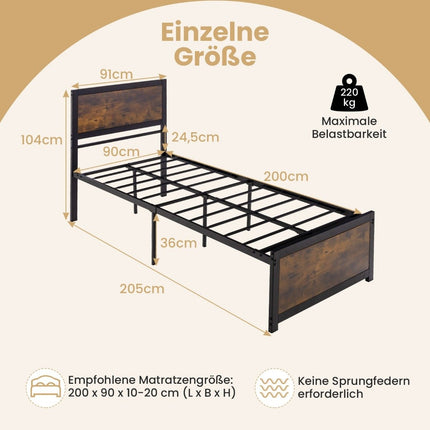 Rám postele 90 x 200 cm, industriální styl, s čelem a roštem