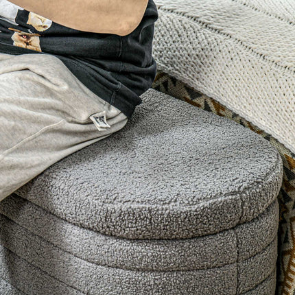 Lavice do ložnice s úložným prostorem, dřevěné nohy, teddy fleece, světle šedá
