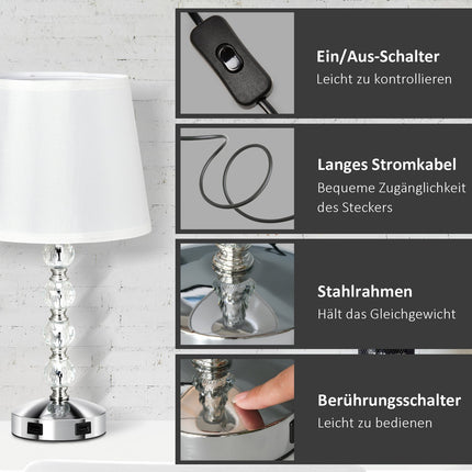 Křišťálová stolní lampa s USB, dotykovým senzorem, E27, bílá/stříbrná